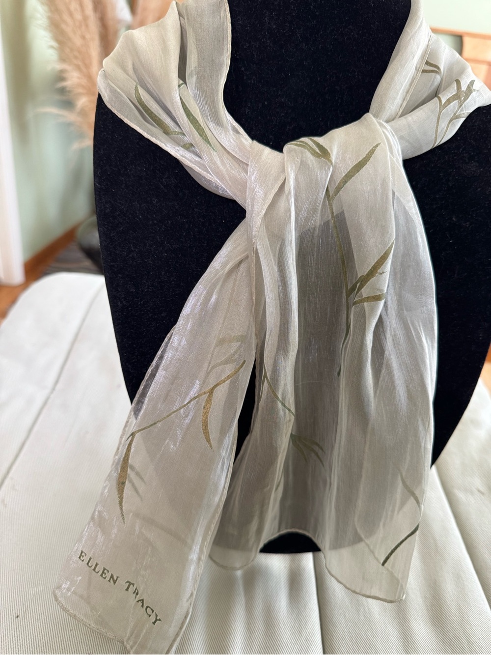 Vintage Ellen Tracy Light Gray Green Sheer Scarf with Olive Accent Bamboo Leaves